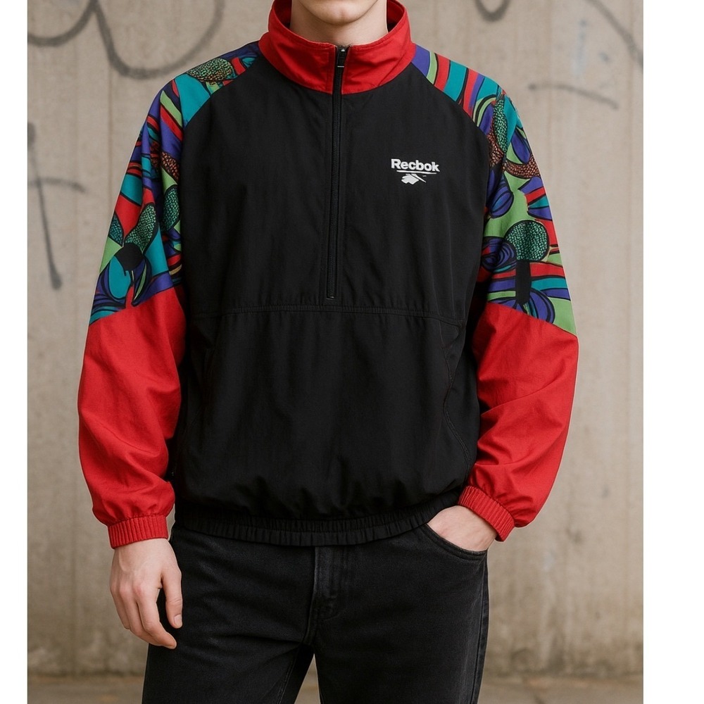 Vintage Reebok 90s Windbreaker Pullover Black Red‎ Multicolor Foldaway Hood M